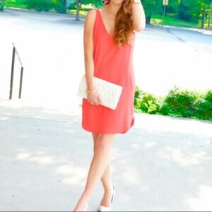 WAYF orange crepe shift dress in medium, pockets, V-neck, adjustable straps
